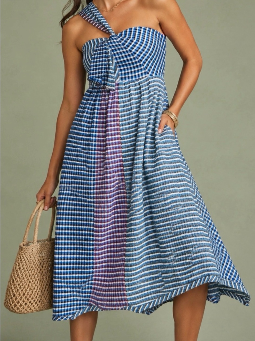 Maeve One-Shoulder Gingham Midi Dress in Blue & Purple